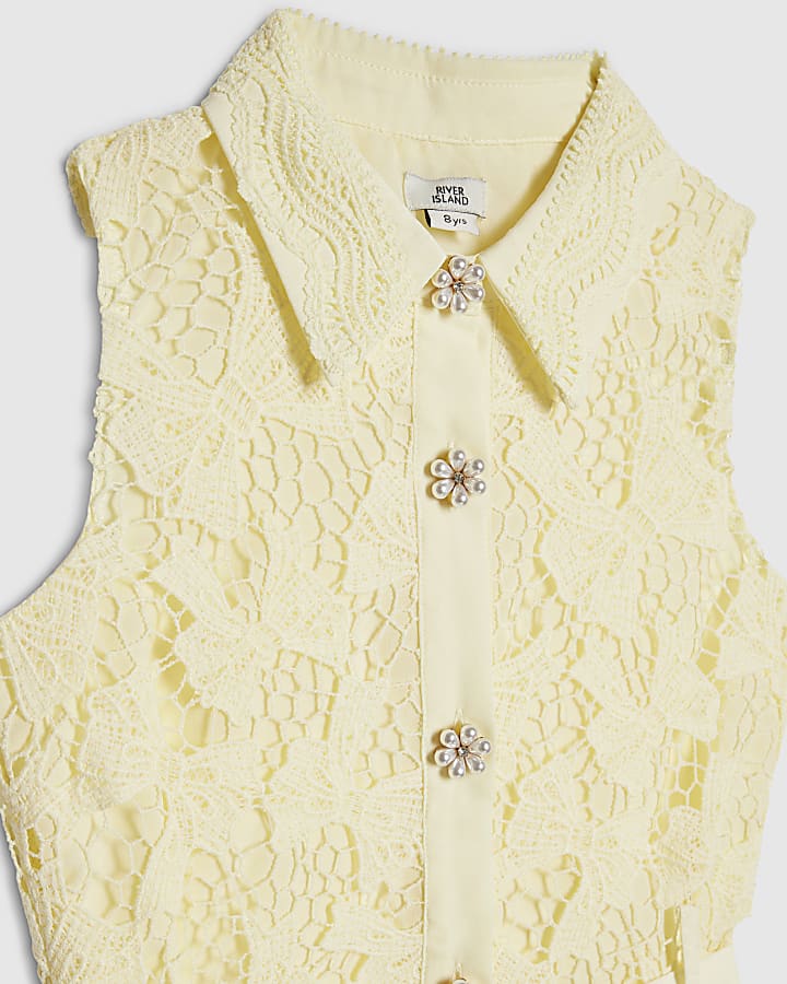 Girls Yellow Bow Lace Belted Dress