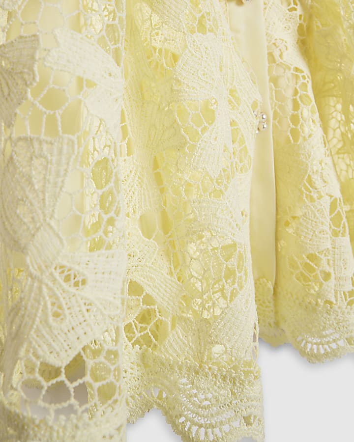 Girls Yellow Bow Lace Belted Dress