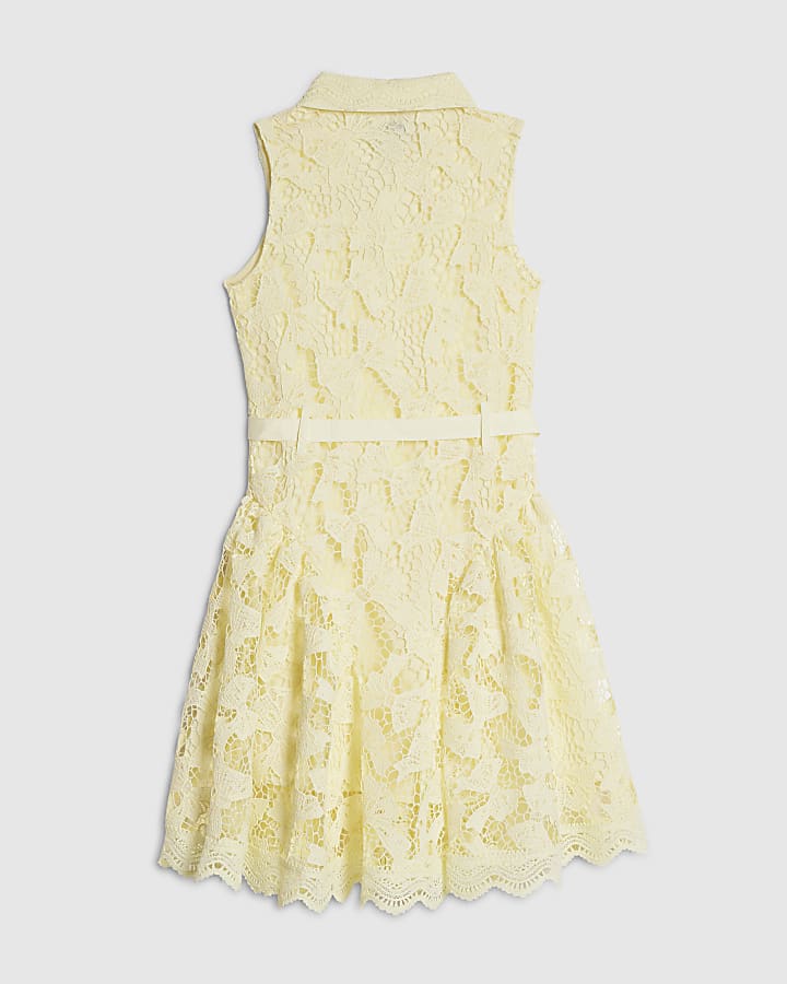 Girls Yellow Bow Lace Belted Dress