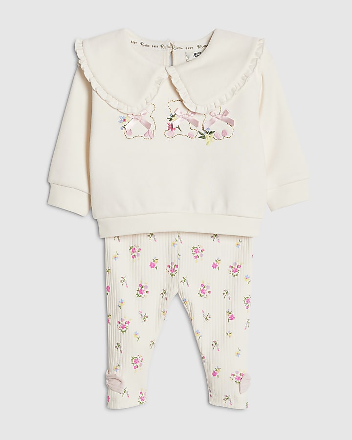 Baby Girl Cream Ditsy Bear Sweatshirt Set