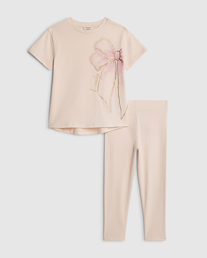 Mini Girls Pink Bow T-Shirt And Leggings Set