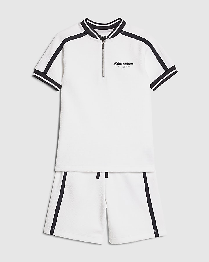 Boys White Baseball Polo Shirt Set