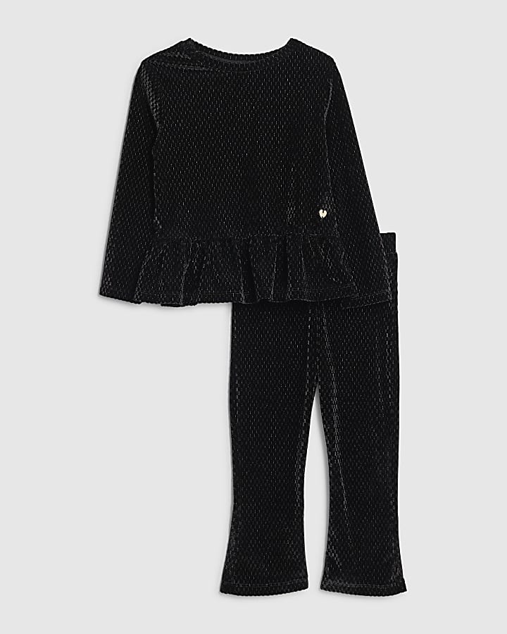 Mini Girls Black Velvet Peplum T-Shirt Set