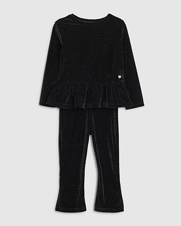 Mini Girls Black Velvet Peplum T-Shirt Set