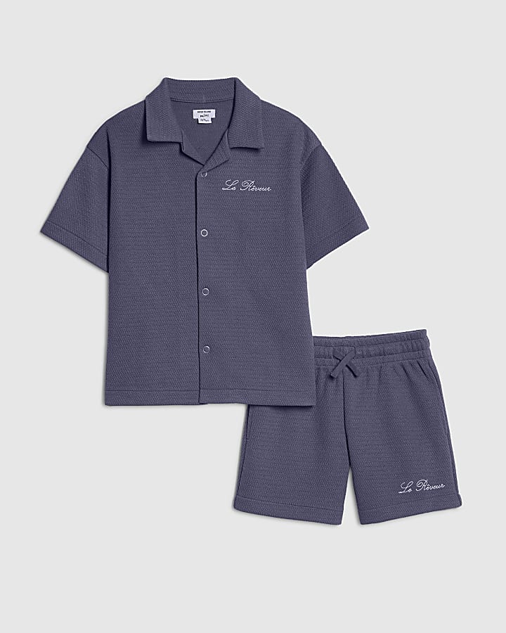Mini Boys Blue Textured Shirt Set