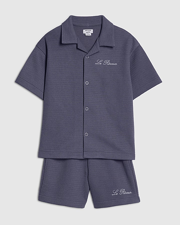 Mini Boys Blue Textured Shirt Set