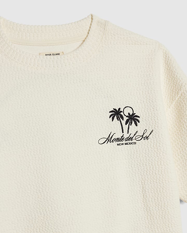Mini Boys Cream Textured Palm Tree T-Shirt
