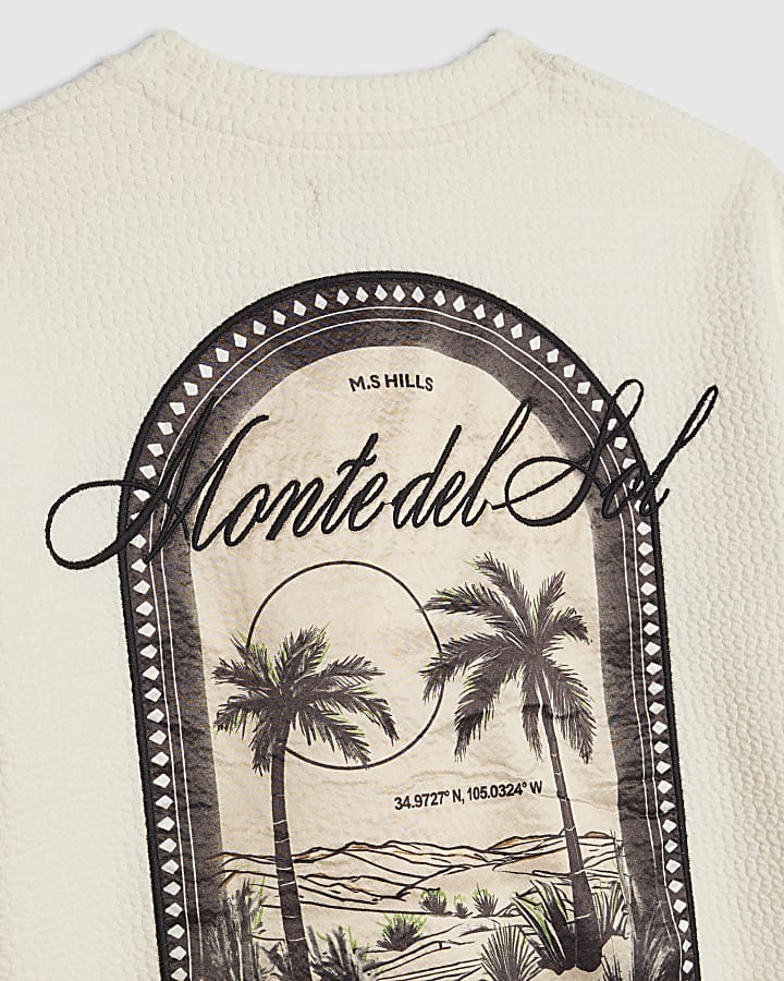 Mini Boys Cream Textured Palm Tree T-Shirt