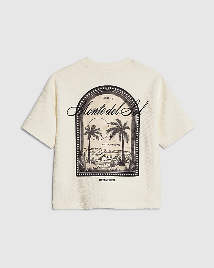 Mini Boys Cream Textured Palm Tree T-Shirt