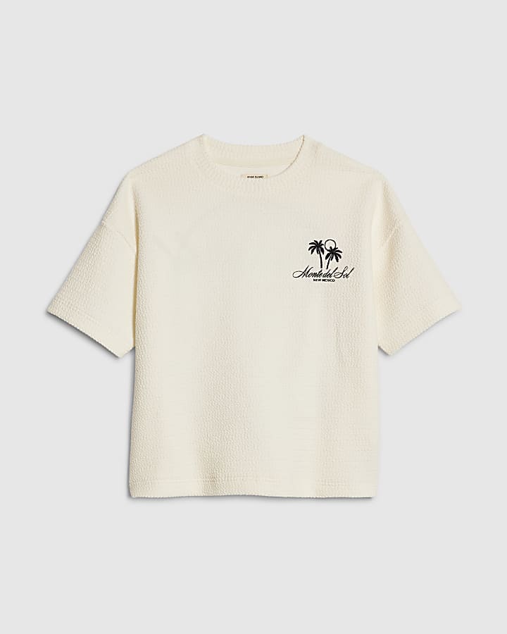 Mini Boys Cream Textured Palm Tree T-Shirt