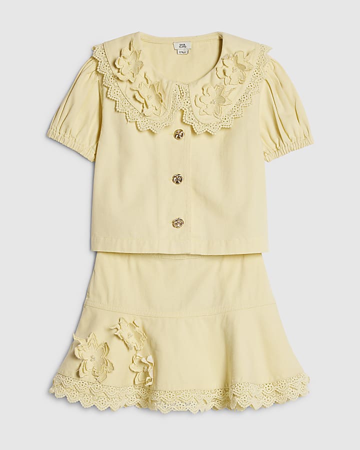 Girls Yellow Floral Pearl Shirt Set