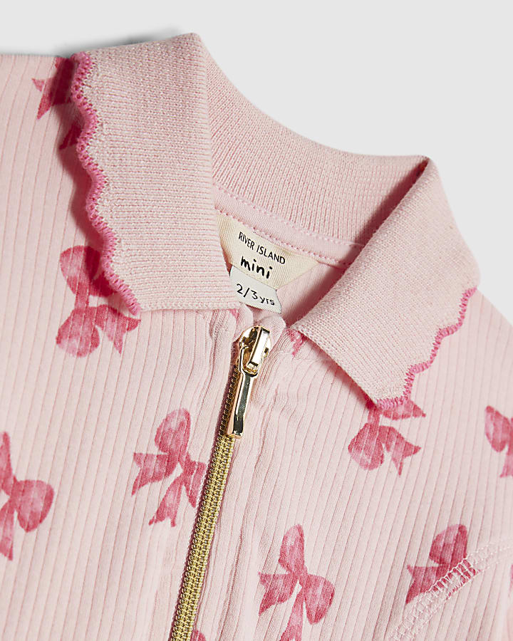 Mini Girls Pink Bow Ribbed Polo Dress