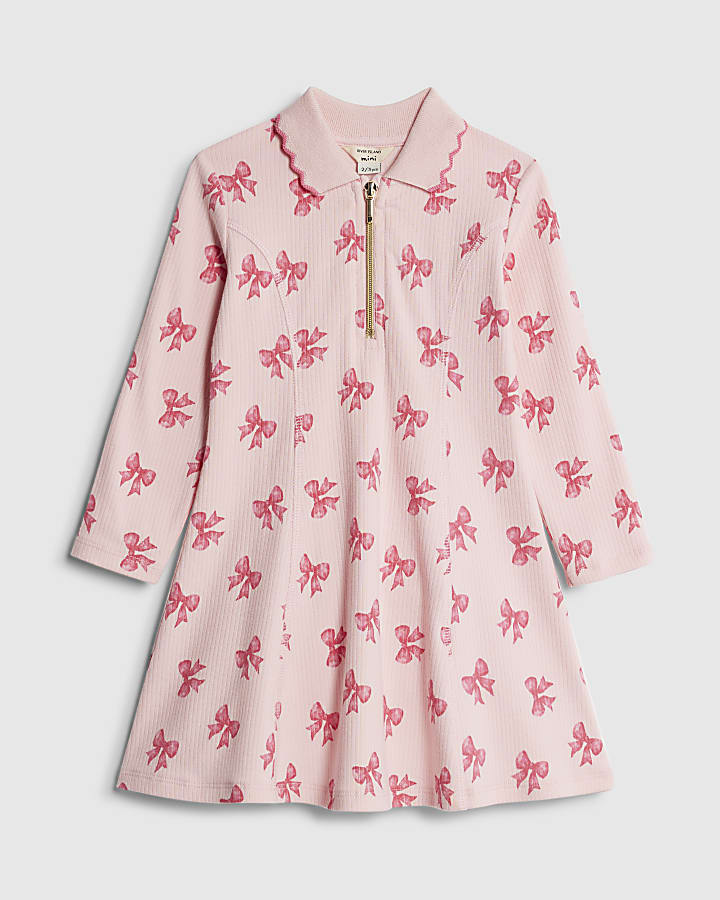 Mini Girls Pink Bow Ribbed Polo Dress