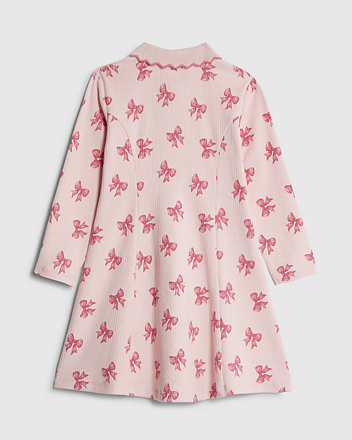 Mini Girls Pink Bow Ribbed Polo Dress