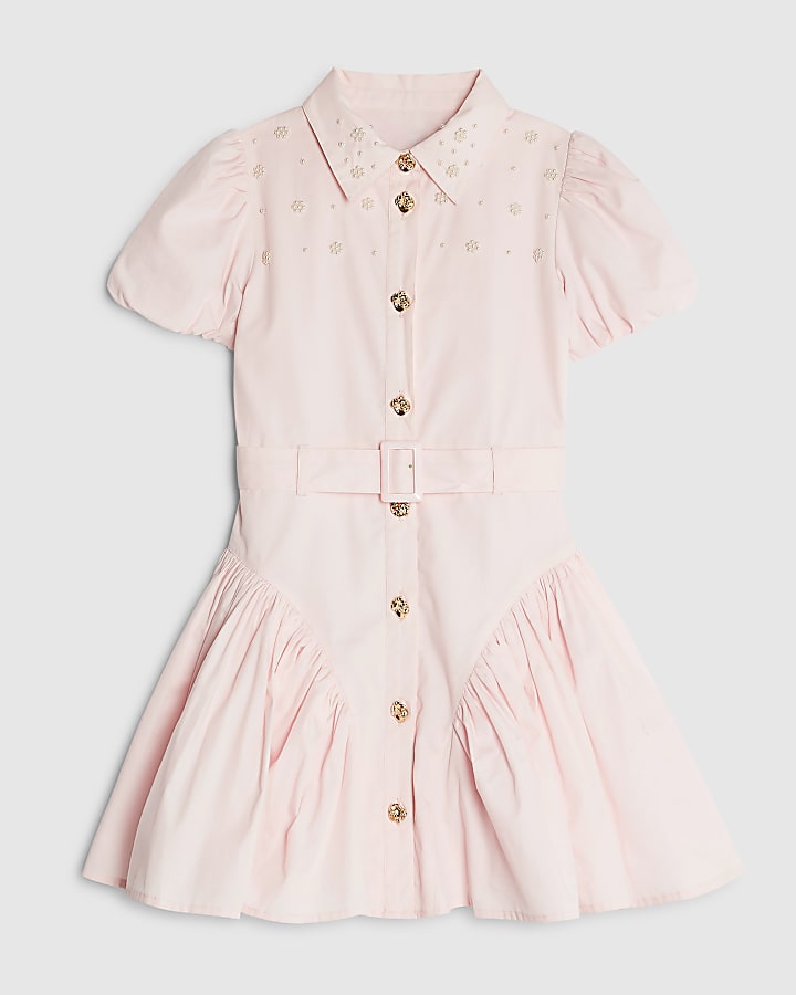 Girls Pink Embellished Shirt Dress