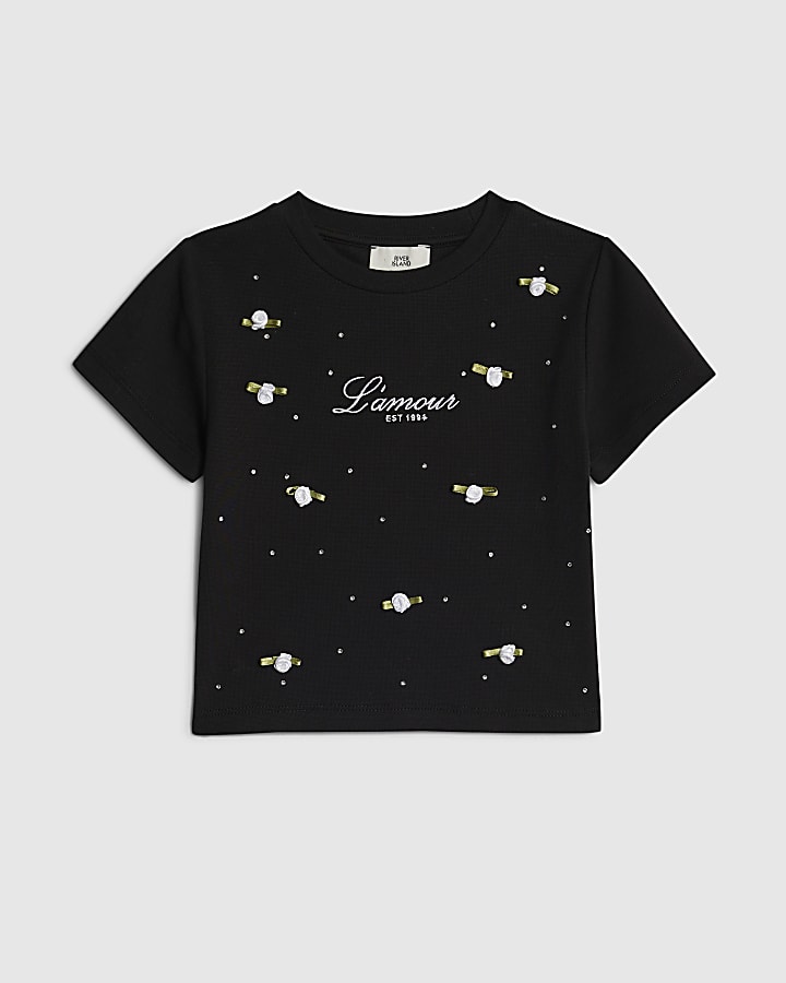 Girls Black L'amour Rosette T-Shirt