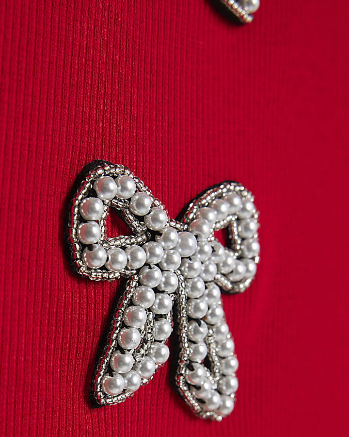 Girls Red Ribbed Pearl Bow T-Shirt