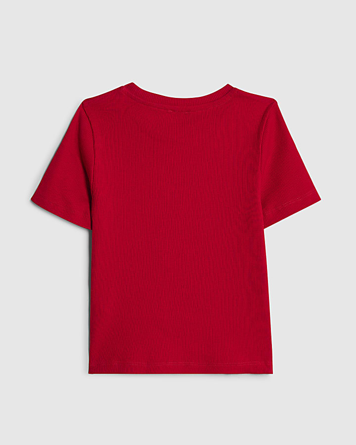 Girls Red Ribbed Pearl Bow T-Shirt