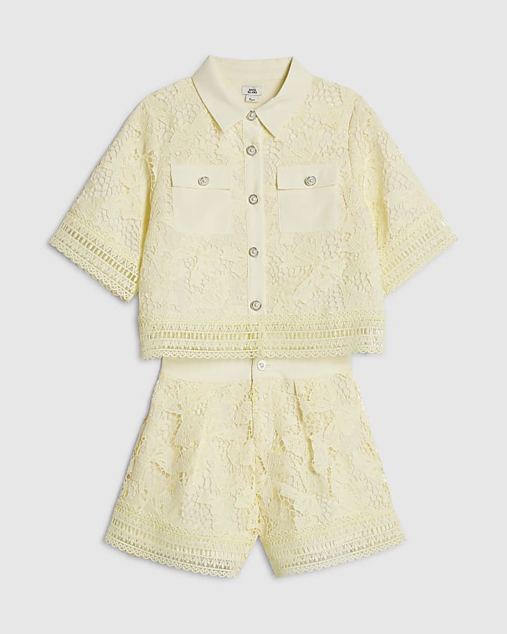 Girls Yellow Lace Blouse And Shorts Set