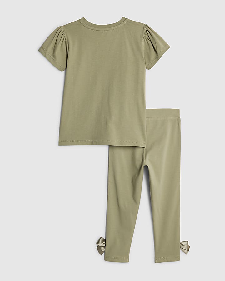 Mini Girls Khaki Satin Bow T-Shirt Set