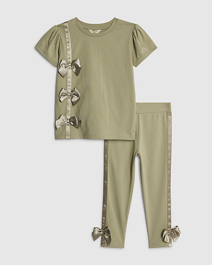 Mini Girls Khaki Satin Bow T-Shirt Set