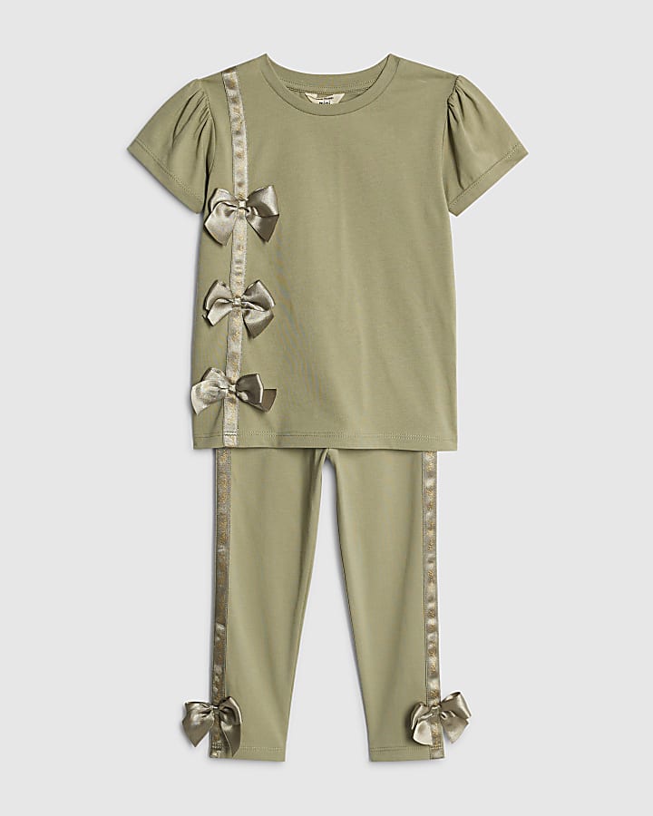 Mini Girls Khaki Satin Bow T-Shirt Set