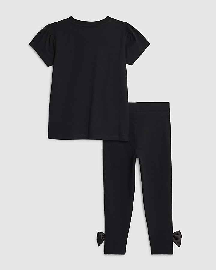 Mini Girls Black Branded Bow T-Shirt Set