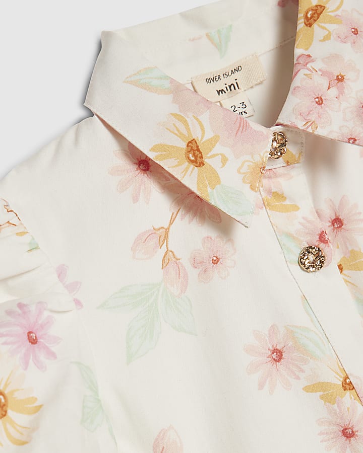 Mini Girls Cream Floral Print Prom Dress