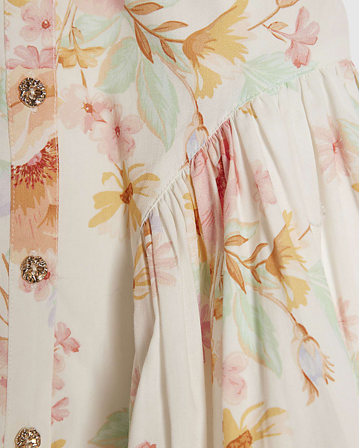 Mini Girls Cream Floral Print Prom Dress