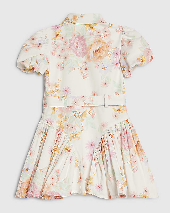 Mini Girls Cream Floral Print Prom Dress