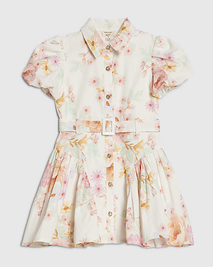 Mini Girls Cream Floral Print Prom Dress