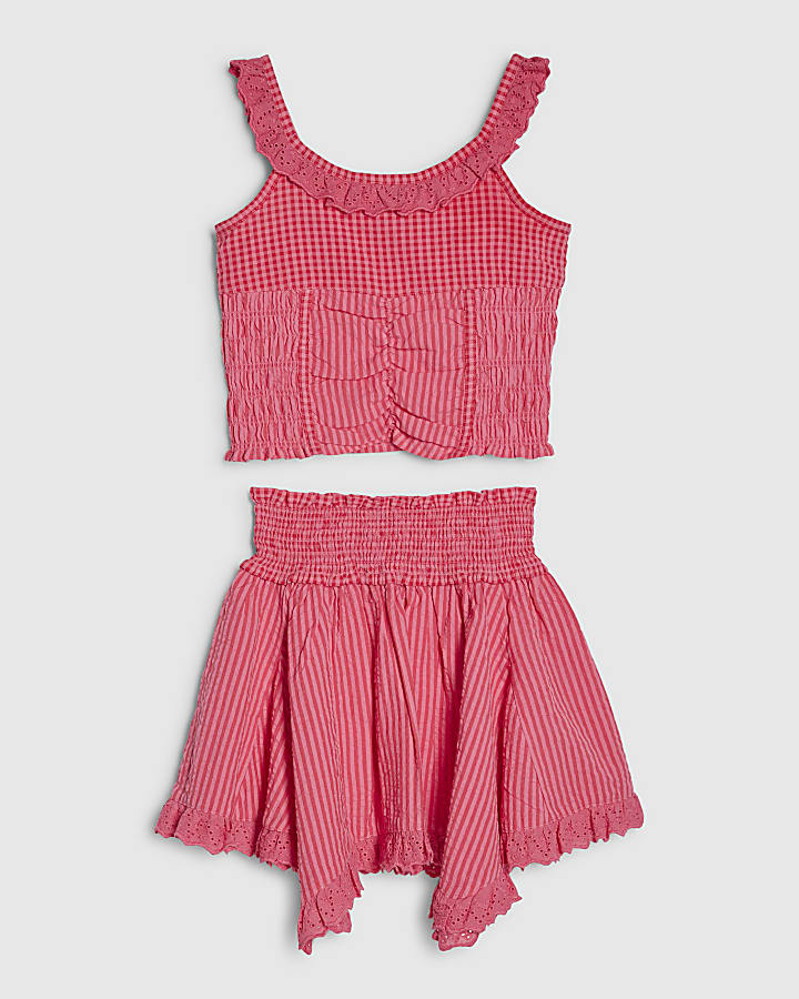 Girls Pink Gingham Stripe Skirt Set