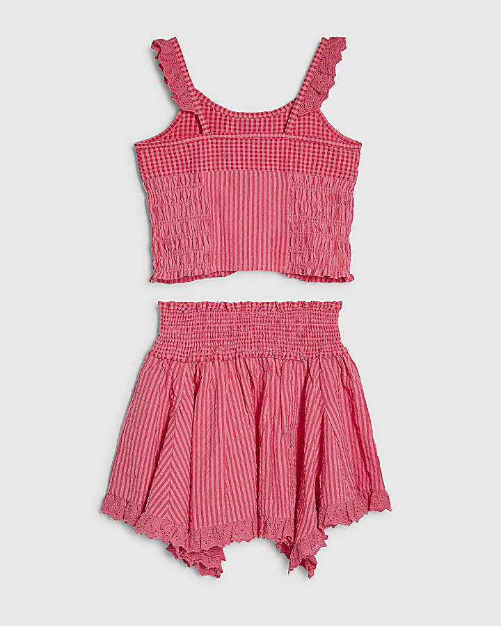 Girls Pink Gingham Stripe Skirt Set