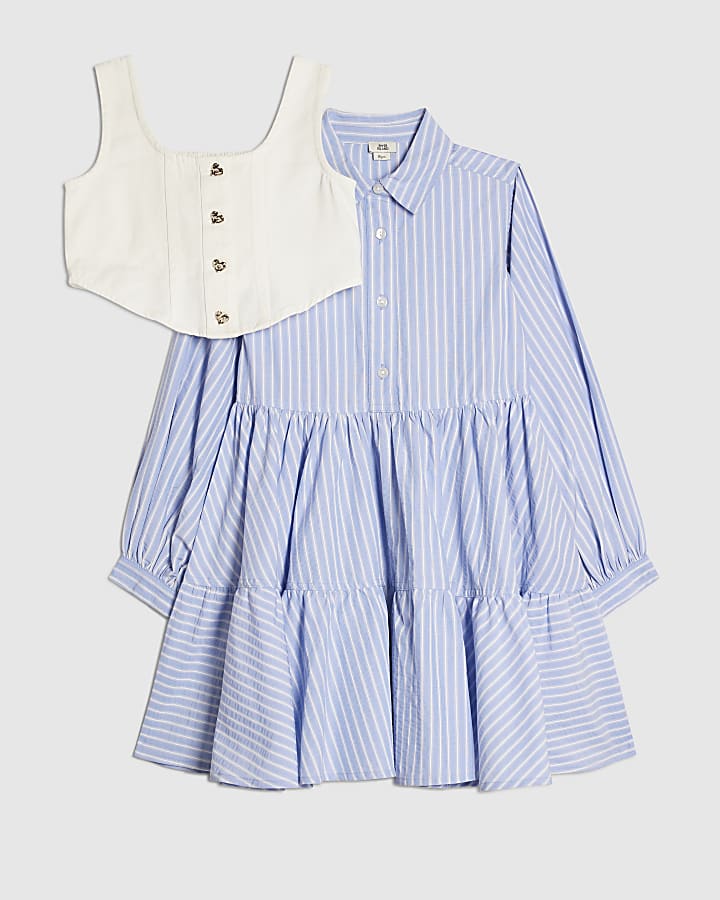 Girls Blue Stripe Hybrid Shirt Dress