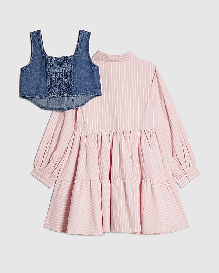 Girls Pink Stripe Hybrid Shirt Dress