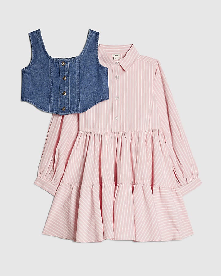 Girls Pink Stripe Hybrid Shirt Dress