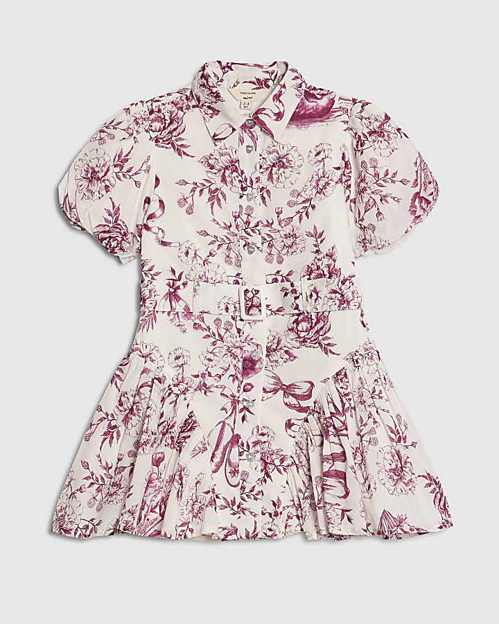Mini Girls White Toile Print Prom Dress