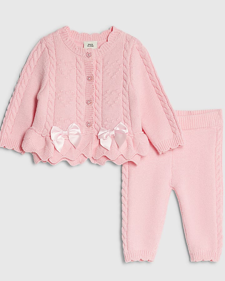 Baby Girls Pink Knit Bow Cardigan Set