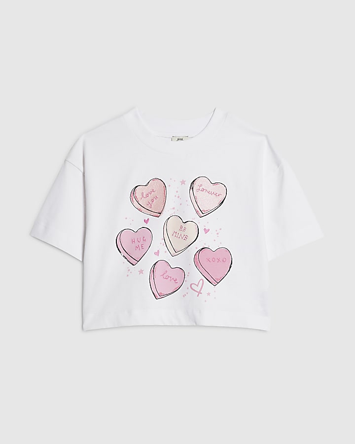 Girls White Heart Graphic Crop Top
