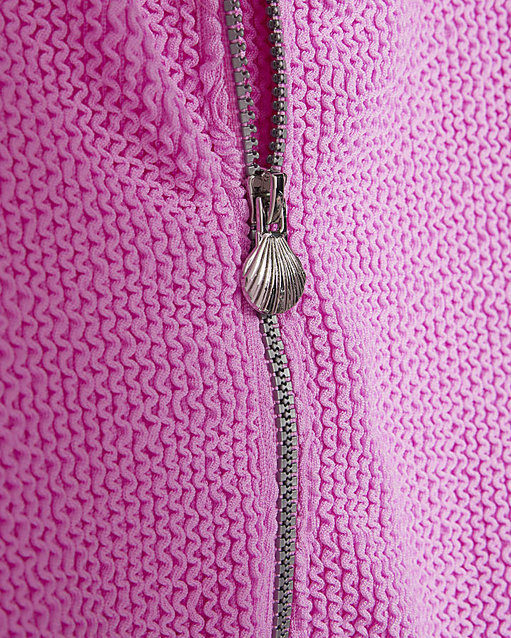 Girls Pink Textured Jacket And Bikini Set