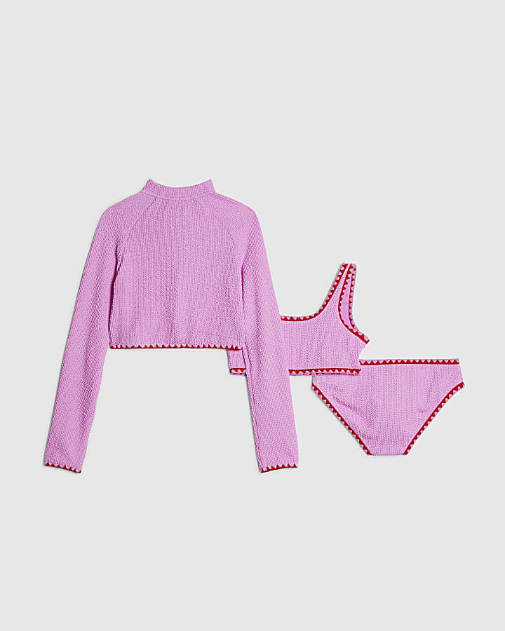 Girls Pink Textured Jacket And Bikini Set