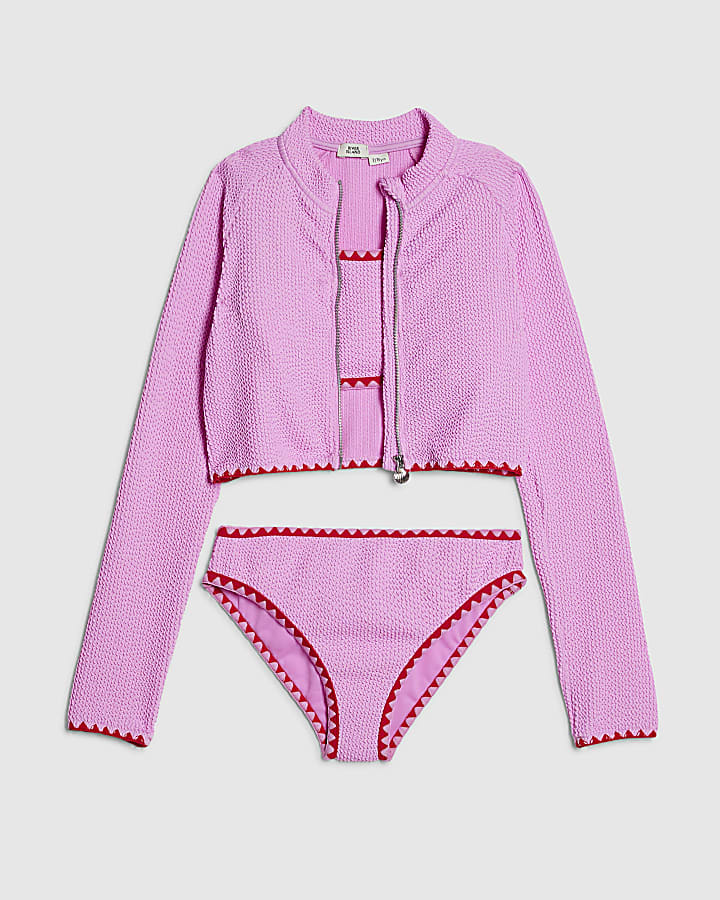 Girls Pink Textured Jacket And Bikini Set