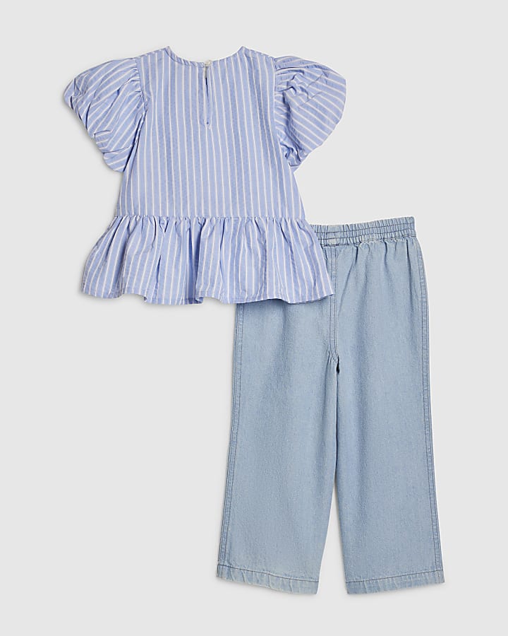 Mini Girls Blue Stripe Top And Jeans Set