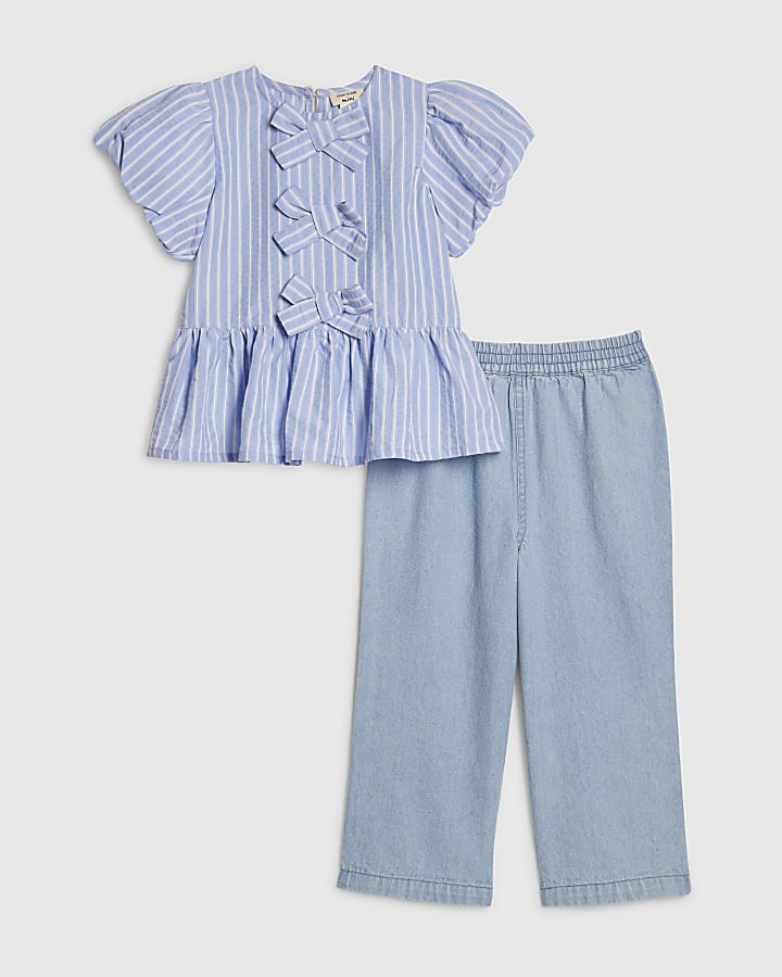 Mini Girls Blue Stripe Top And Jeans Set