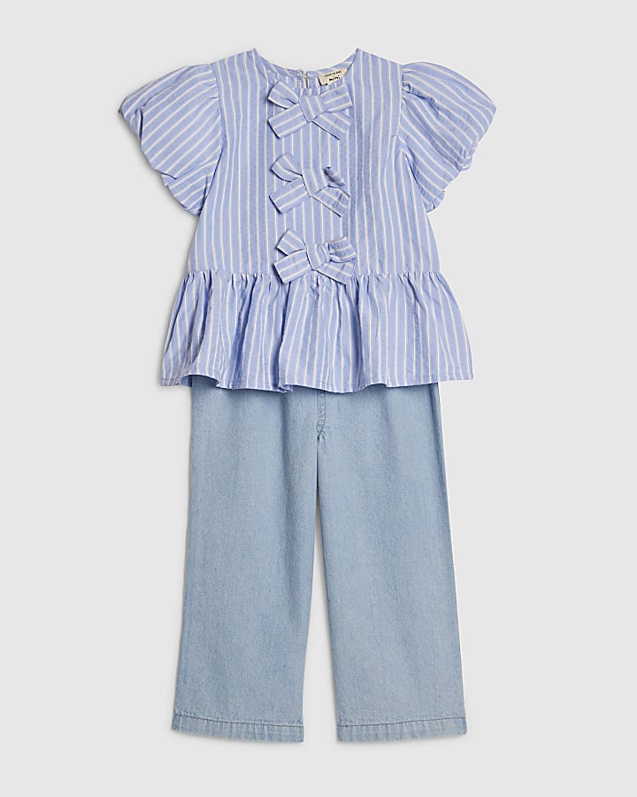 Mini Girls Blue Stripe Top And Jeans Set