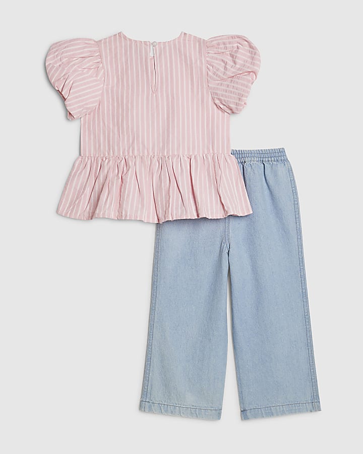 Mini Girls Pink Stripe Top And Jeans Set