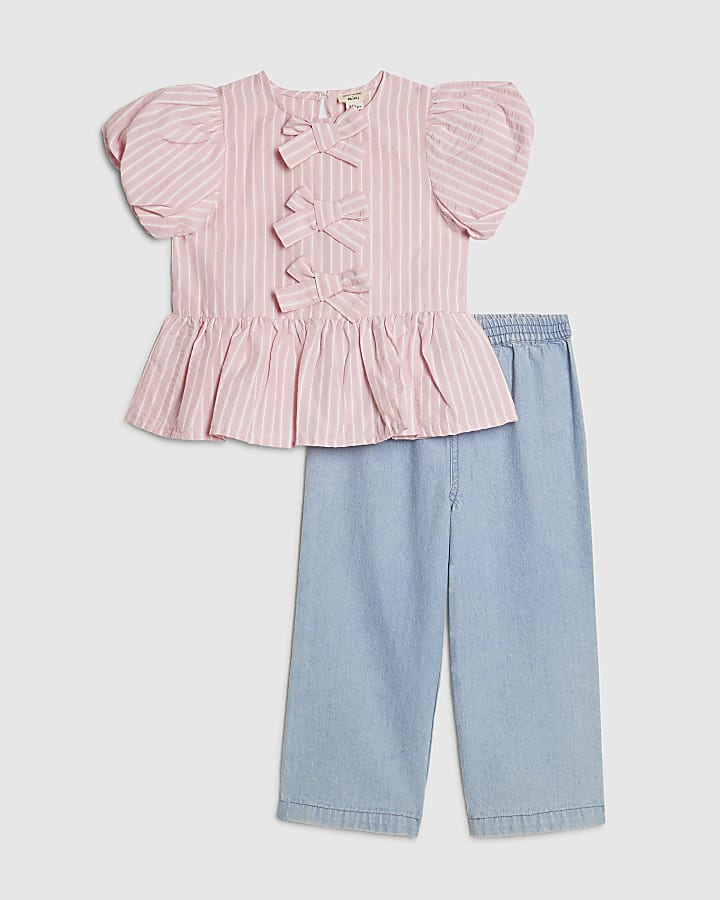 Mini Girls Pink Stripe Top And Jeans Set
