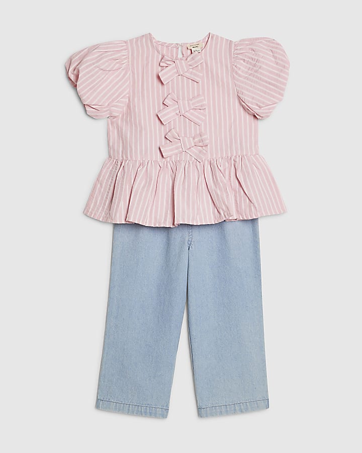 Mini Girls Pink Stripe Top And Jeans Set