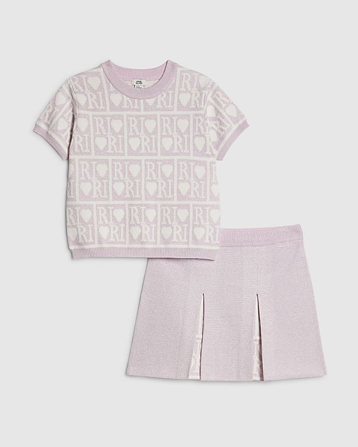 Girls Pink RI Pleated Skirt Set