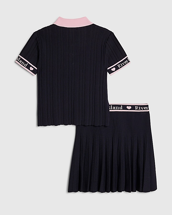 Girls Navy Polo Shirt And Skirt Set